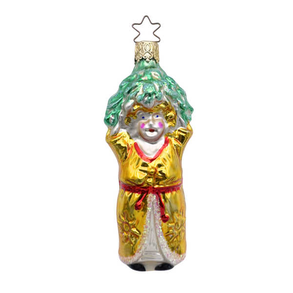 Decorative glass Christmas ornament
of a girl in a gold robe under a green tree with a gold star top for hanging by Inge Glas of Germany.
