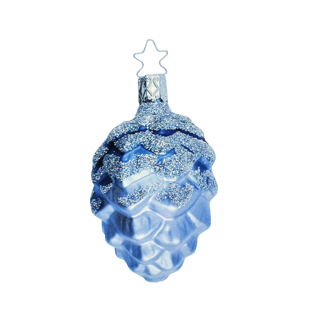 Blue Silver Dusted Pinecone by Inge Glas of Germany
