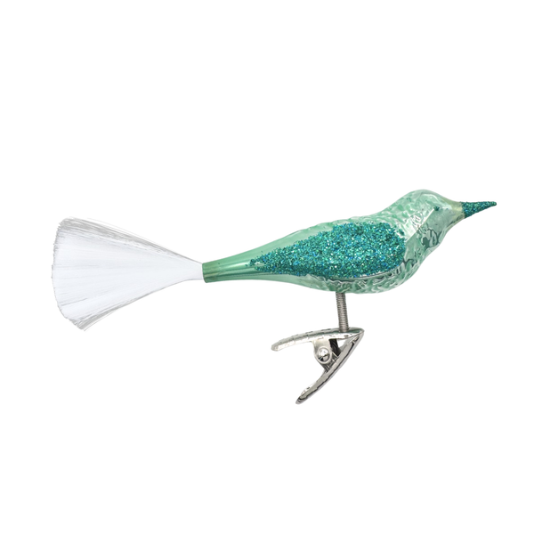 Bird with spun glass tail, mint green opal by Inge Glas of Germany