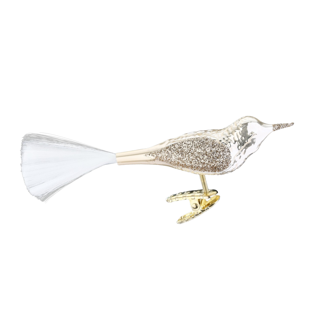 Bird with spun glass tail, champagne opal shiny by Inge Glas of Germany