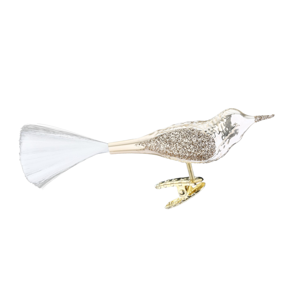 Bird with spun glass tail, champagne opal shiny by Inge Glas of Germany