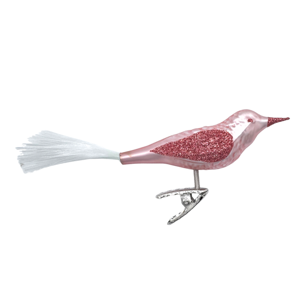 Bird with spun glass tail, pale pink matte by Inge Glas of Germany