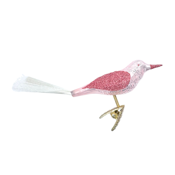 Bird with spun glass tail, light rose opal by Inge Glas of Germany