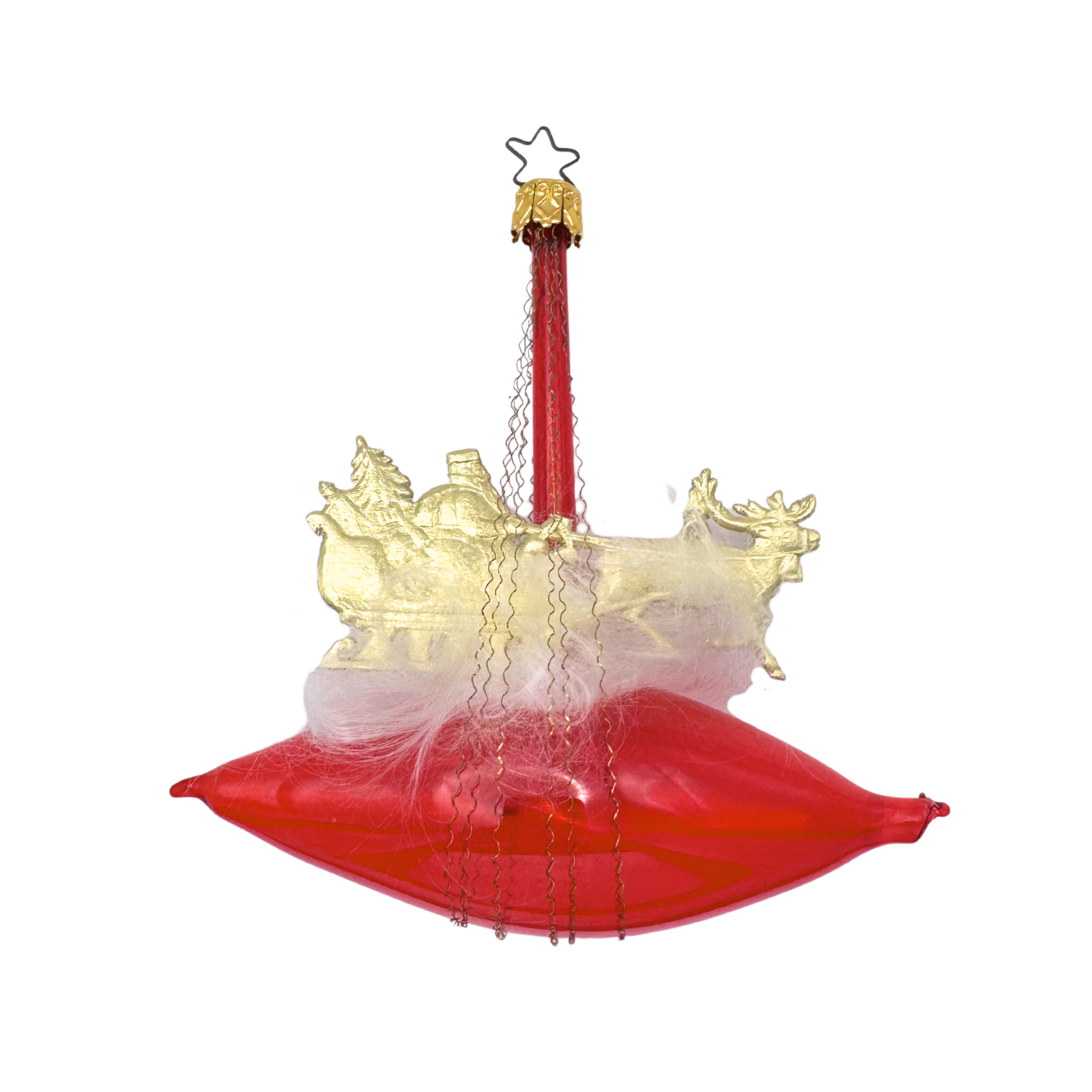 Decorative Christmas ornament with Dresden gold Santa and sleigh on red Zeppelin with Tinsel Wire with a gold star top for hanging by Inge Glas of Germany.
