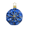 Geometric faceted blue Christmas ornament with a gold star top for hanging by Inge Glas of Germany on a white background