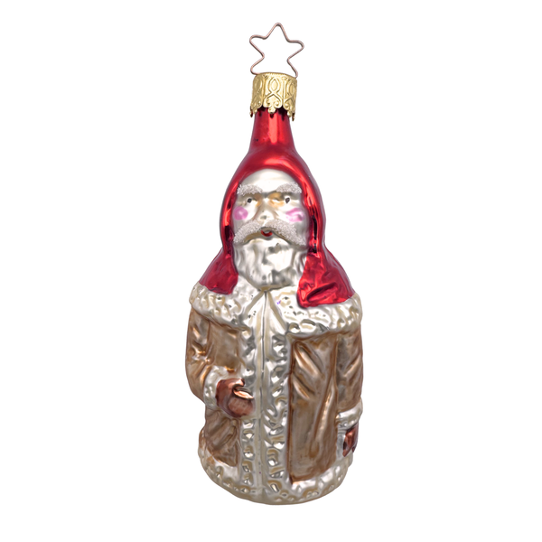 A glass ornament featuring a Victorian Father Christmas with a red hat and white beard.
