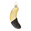 Dark chocolate dipped banana-shaped glass ornament, with gold hanging star top.