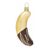Milk chocolate dipped banana-shaped glass ornament, with gold hanging star top.