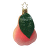 Decorative pear-shaped ornament with a green leaf, frosted red coloring on a white background