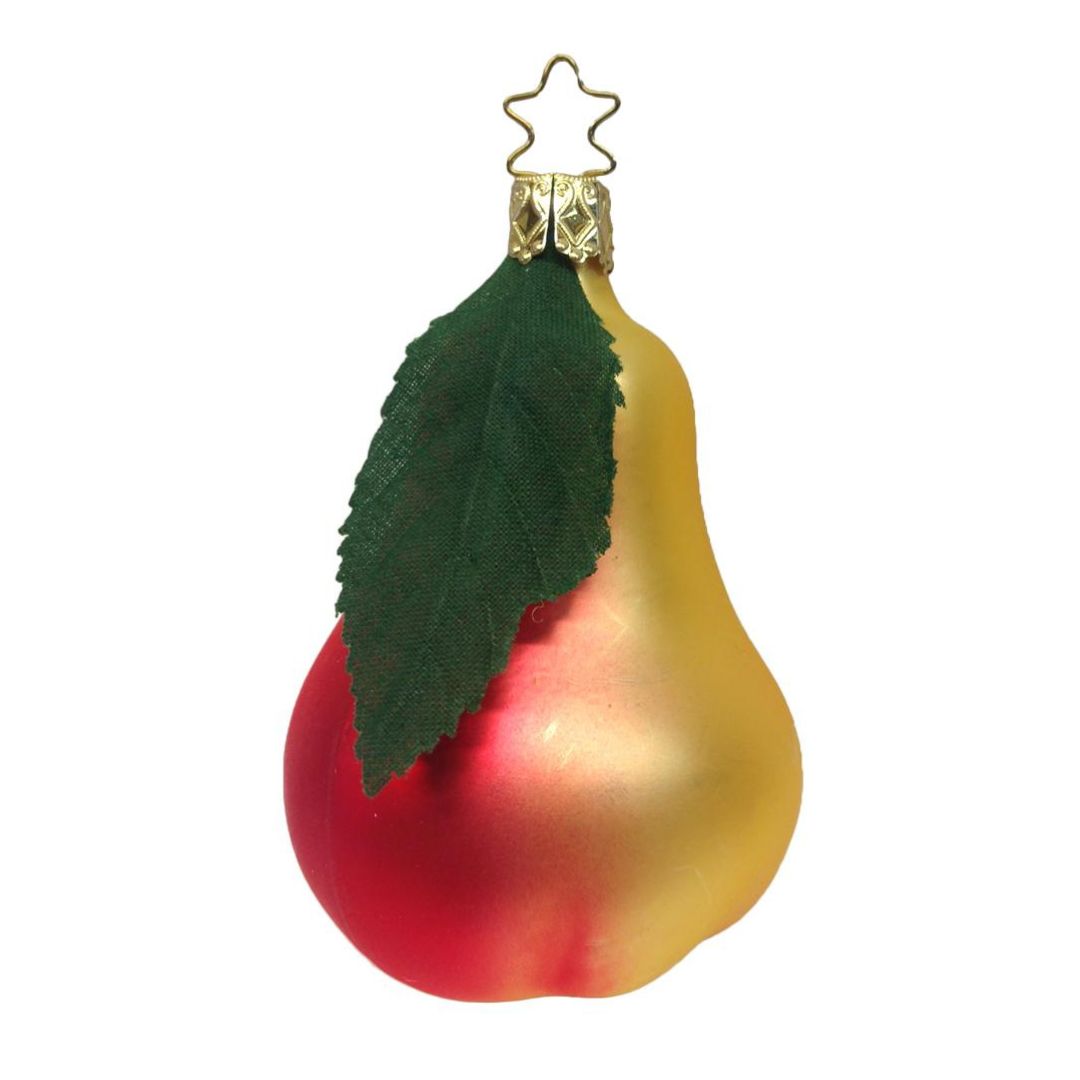 Decorative pear-shaped ornament with a green leaf, red and gold coloring on a white background