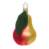 Decorative pear-shaped ornament with a green leaf, red and gold coloring on a white background