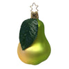 Green pear-shaped ornament with a leaf on a white background