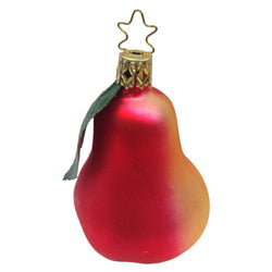 Decorative pear-shaped ornament with a green leaf, red and gold coloring on a white background
