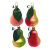 A set of glass pear-shaped ornaments with leaves, in various colors including green, red, and yellow, each with a small star on top for hanging.