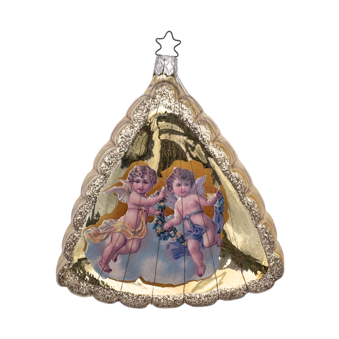 Decorative Christmas ornament with two cherubs on a glass triangle with decorative wire