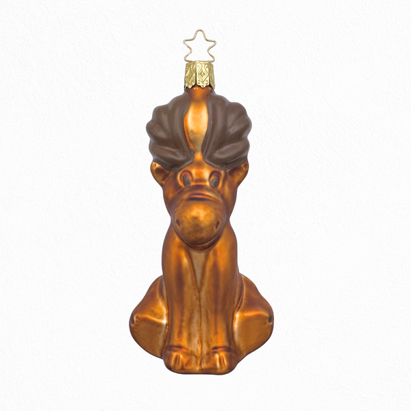 Decorative glass moose ornament, with "chocolate" colored antlers and a gold star for hanging on a white background