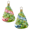set of 2 hand painted ornaments in the shape of a Christmas tree with a ribbon wrapped around it that says "Baby's First Christmas". One is pink the other is blue.