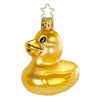Gold ducky ornament with a star-shaped top on a white background
