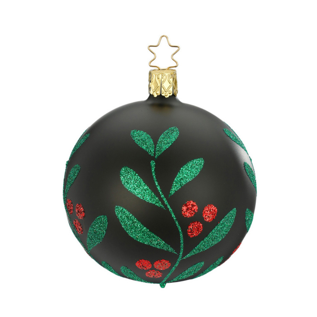 Christmas Leaf Ball, black matte, 8cm by Inge Glas of Germany