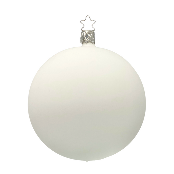 Plain White matte porcelain colored blown glass ball with a star top for hanging, 10cm in diameter, by Inge Glas of Germany.