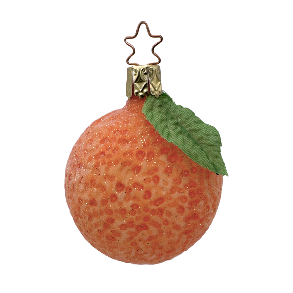 Decorative glass Christmas ornament of an orange with a silk leaf and glitter accents with a gold star top for hanging by Inge Glas of Germany.