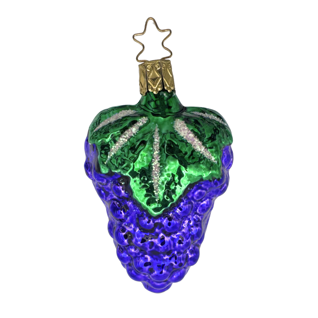Decorative glass ornament shaped like a grape cluster With a gold star top for hanging by Inge Glas of Germany