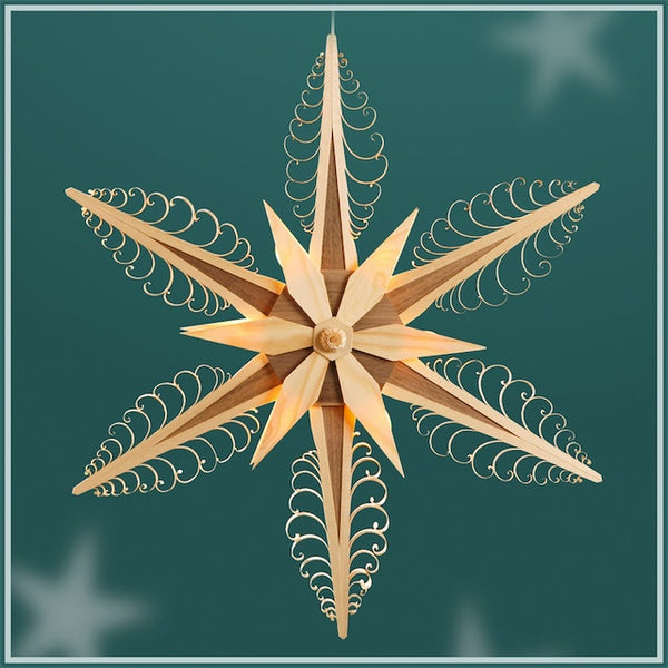 Illuminated Hanging Star, 52cm, with 6 flat curl trees, natural and walnut by Martina Rudolph