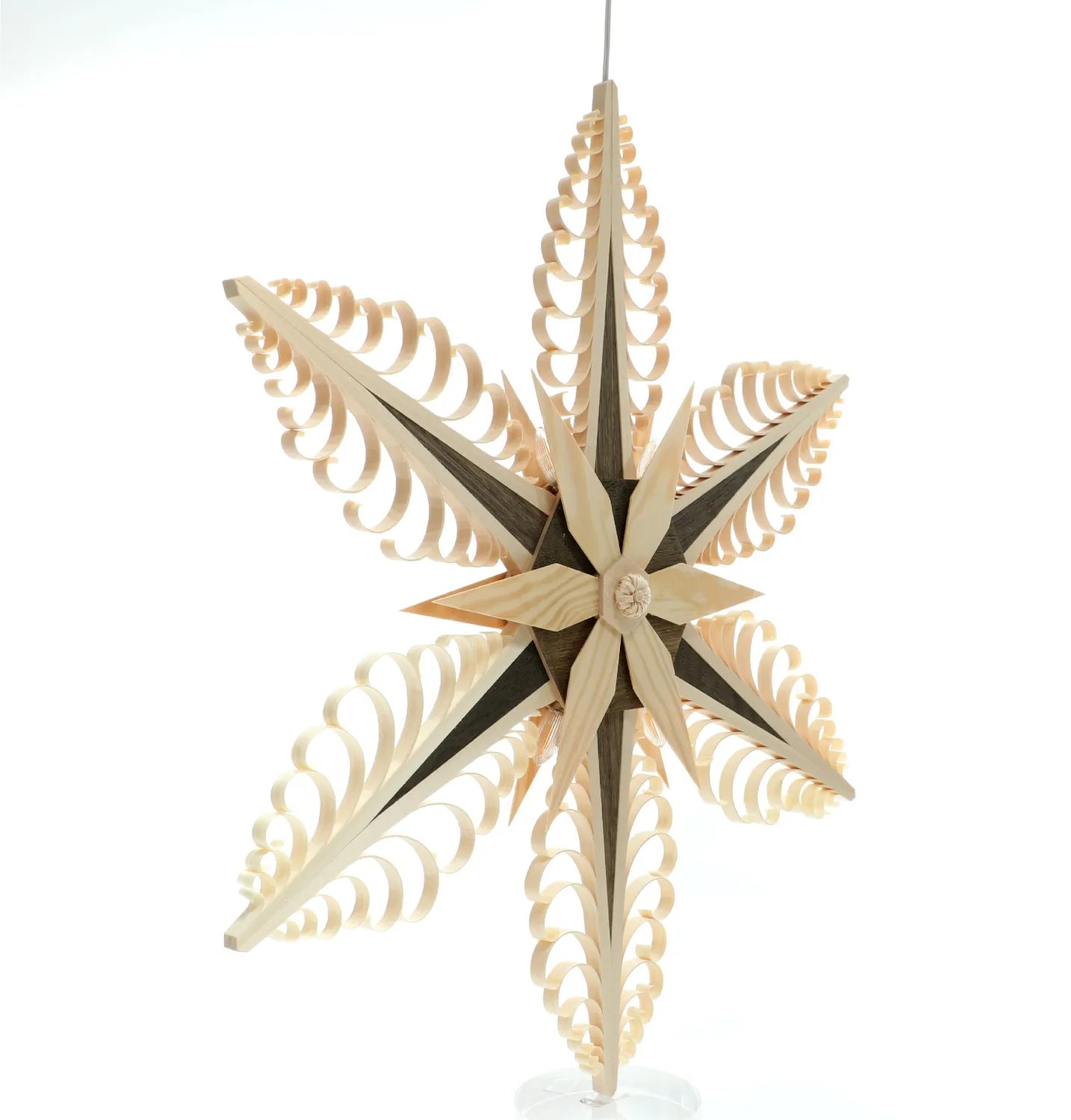 Illuminated Hanging Star, 52cm, with 6 flat curl trees, natural and walnut by Martina Rudolph