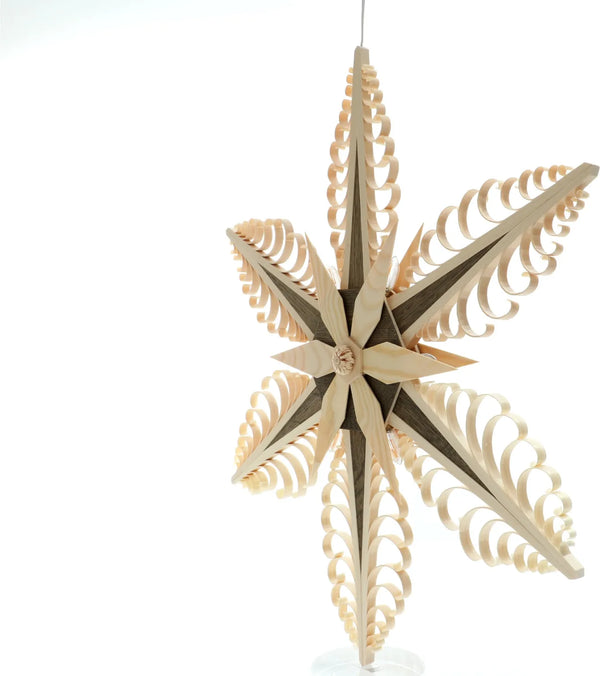 Illuminated Hanging Star, 52cm, with 6 flat curl trees, natural and walnut by Martina Rudolph