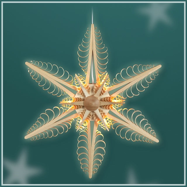 Illuminated Hanging Star, 32cm, with 6 flat curl trees and double tree center by Martina Rudolph