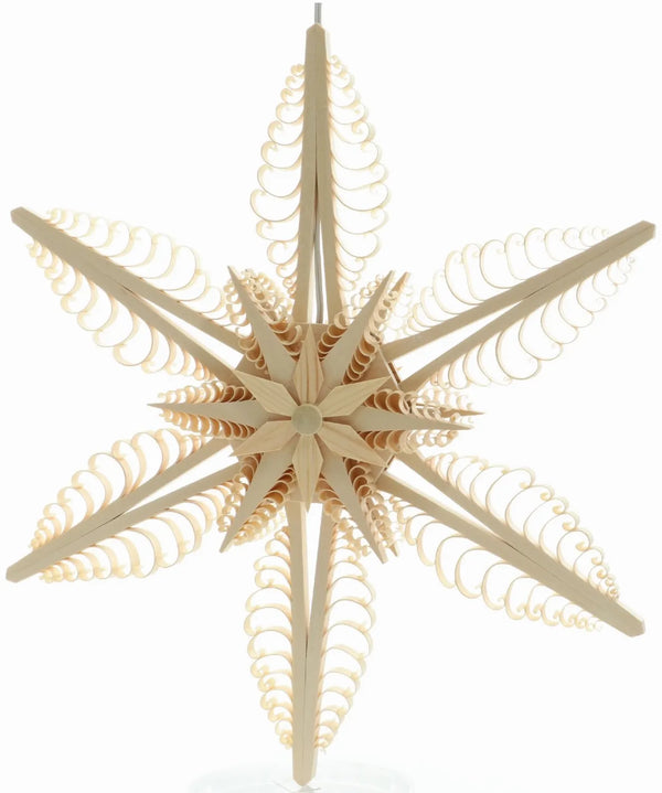 Illuminated Hanging Star, 32cm, with 6 flat curl trees and double tree center by Martina Rudolph