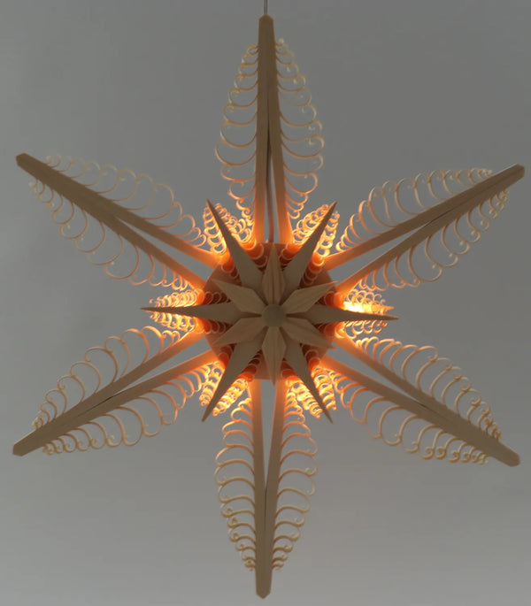 Illuminated Hanging Star, 32cm, with 6 flat curl trees and double tree center by Martina Rudolph