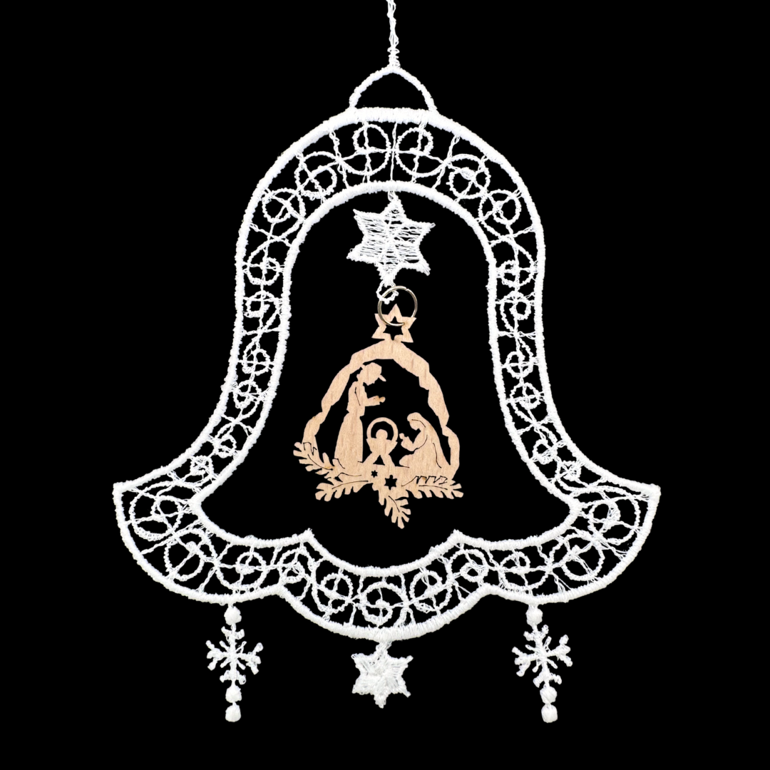 Lace Bell Ornament with Wood Nativity by StiVoTex Vogel