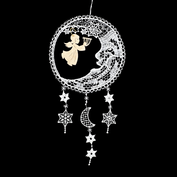 Lace Moon Dangle with Wood Angel and Harp Ornament by StiVoTex Vogel