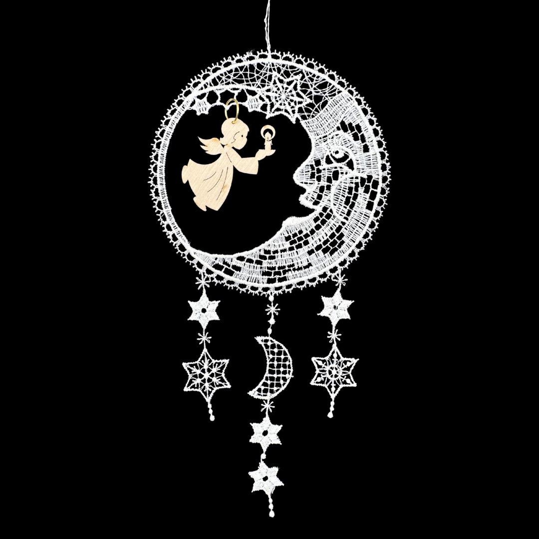 Decorative lace ornament or wall hanging with wood angel holding a candle suspended from a moon, and three star dangles on a black background