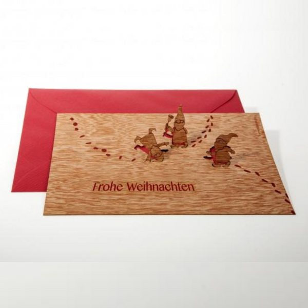 Elves Frohe Weinachten Wood Card by Formes-Berlin