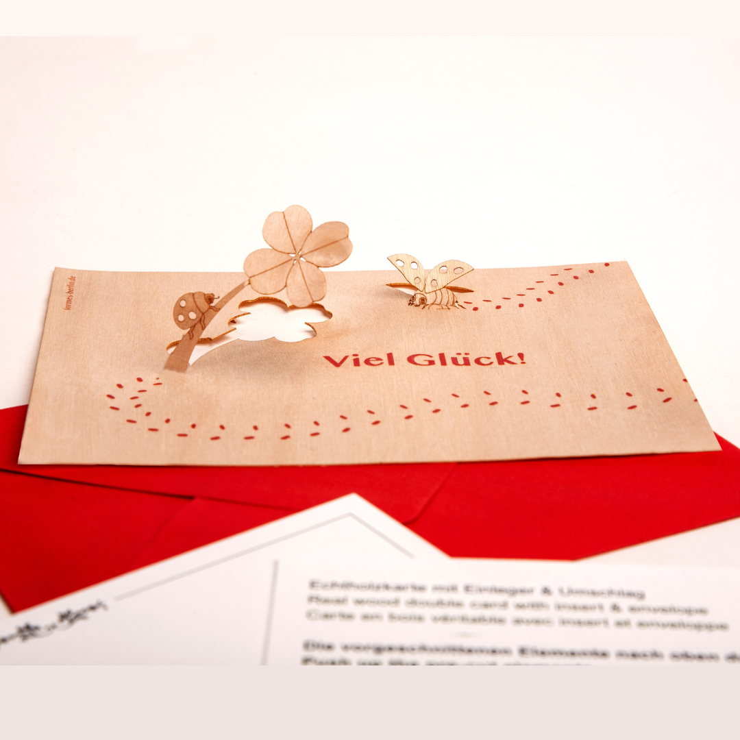 Viel Gluck Clover and LadyBug Wood Card by Formes-Berlin