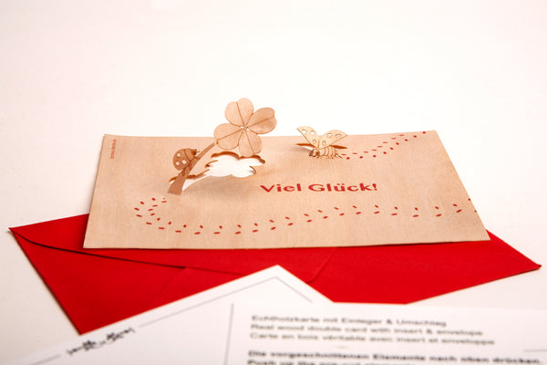 Viel Gluck Clover and LadyBug Wood Card by Formes-Berlin