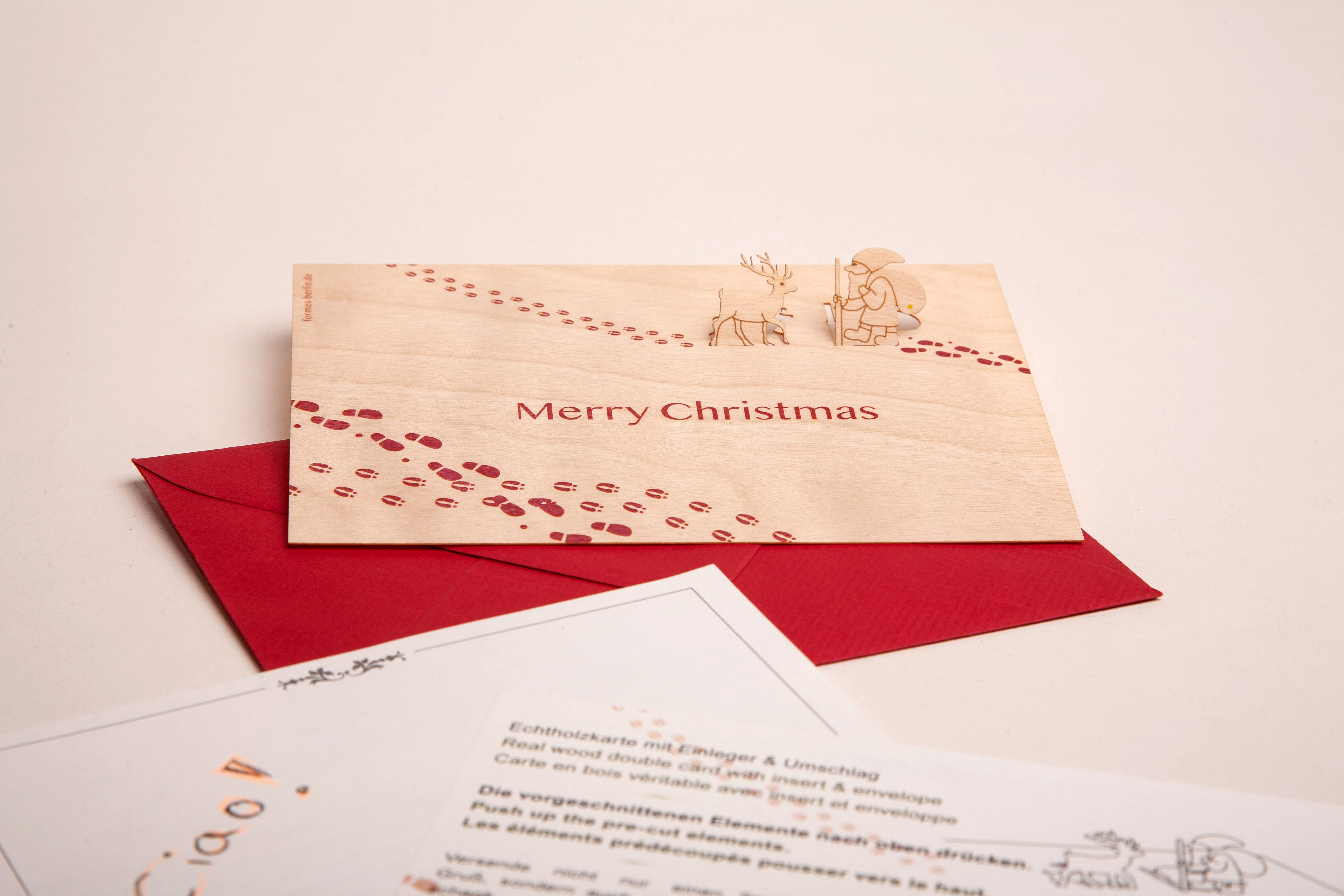 Santa and Deer Merry Christmas Wood Card by Formes-Berlin