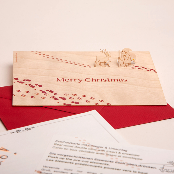 Santa and Deer Merry Christmas Wood Card by Formes-Berlin