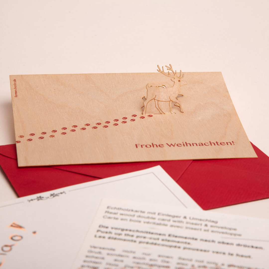 Reindeer Frohe Weihnachten Wood Card by Formes-Berlin