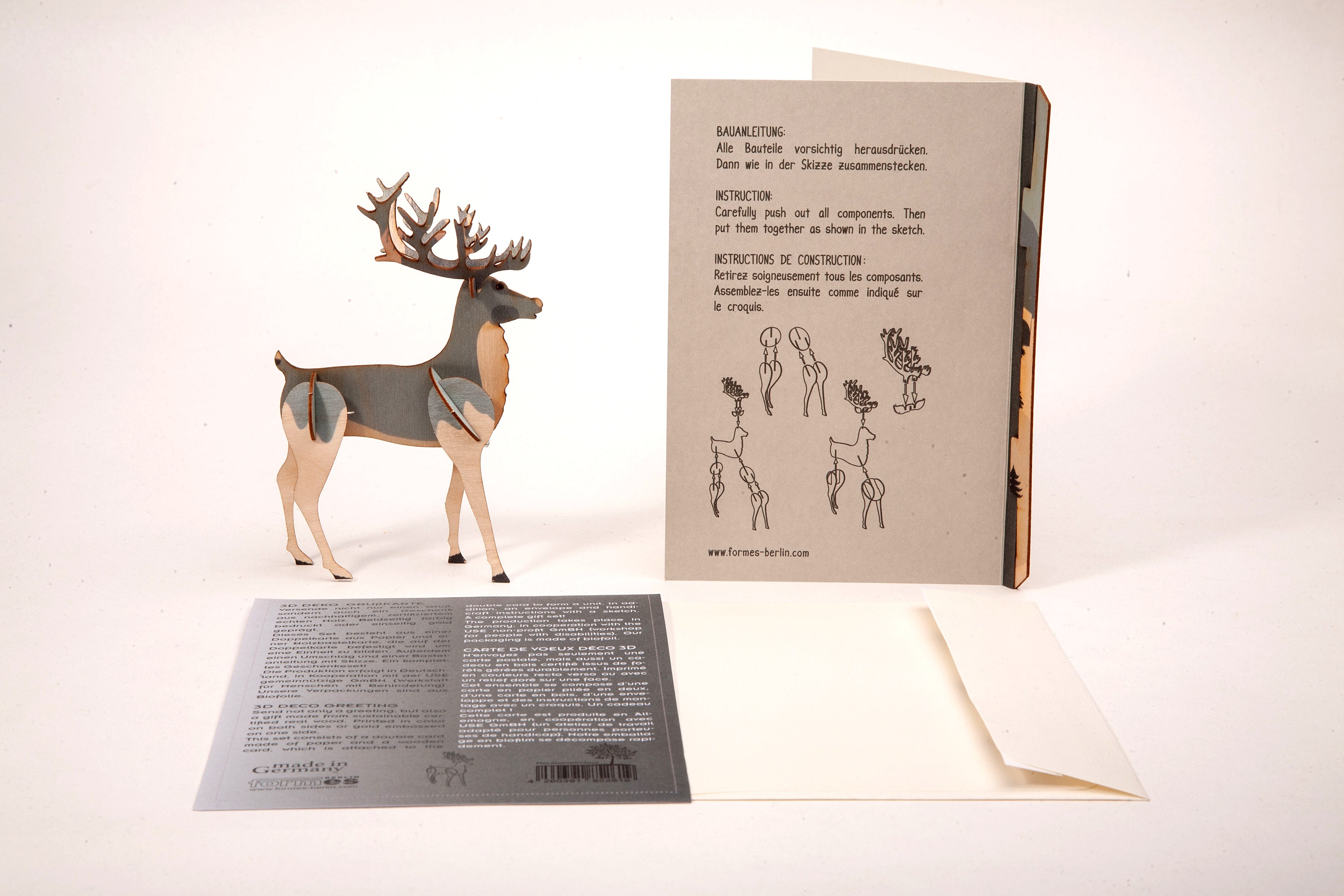 Reindeer 3D Wood Decoration Card by Formes-Berlin