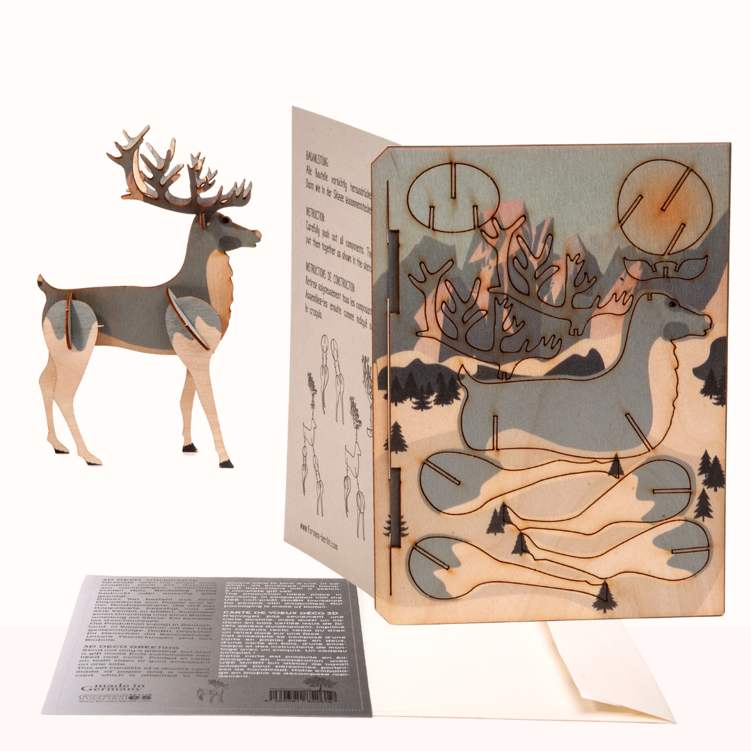 Reindeer 3D Wood Decoration Card by Formes-Berlin