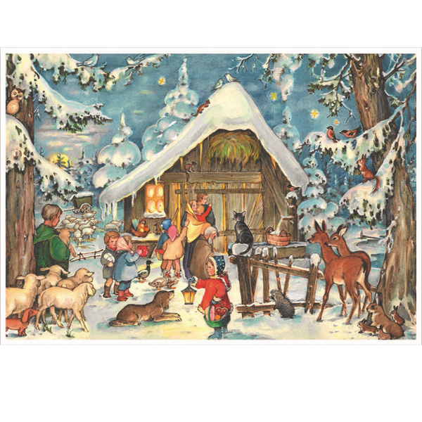 A greeting card featuring a winter scene with people and animals around a snow-covered cabin.