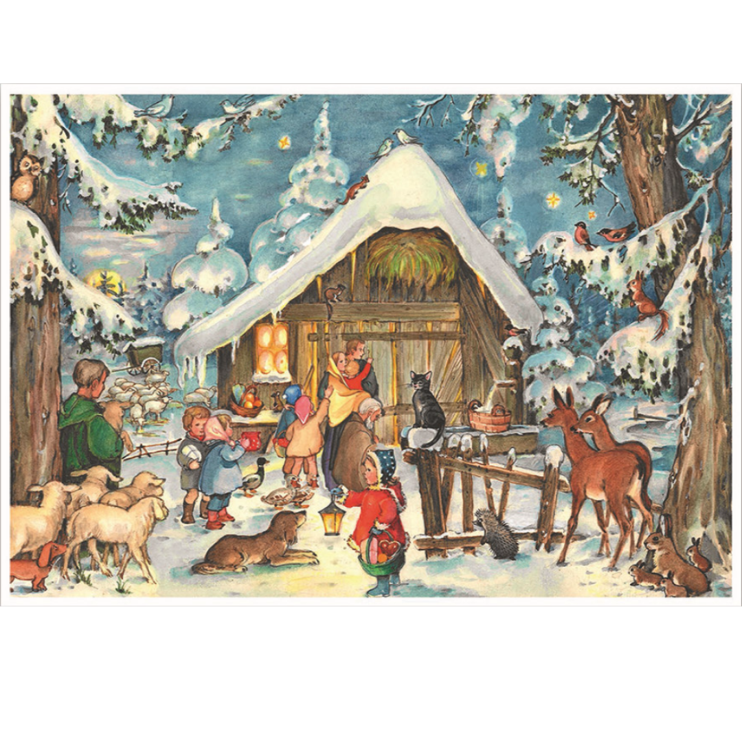 A greeting card with a winter scene with people and animals around a snow-covered cabin.