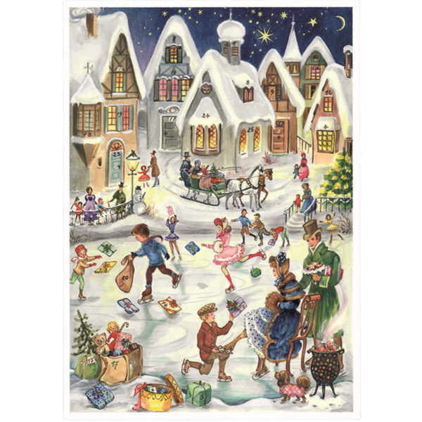 A greeting card with an Illustration of a snowy village scene with people skating and engaging in winter activities.
