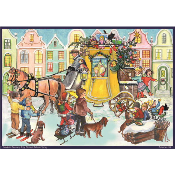A greeting card with a Vintage-style illustration of a Christmas scene with a horse-drawn carriage, people, and buildings.
