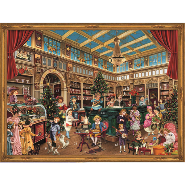 An advent calendar card with an illustration of a vintage toy store with children and toys, framed as a painting.