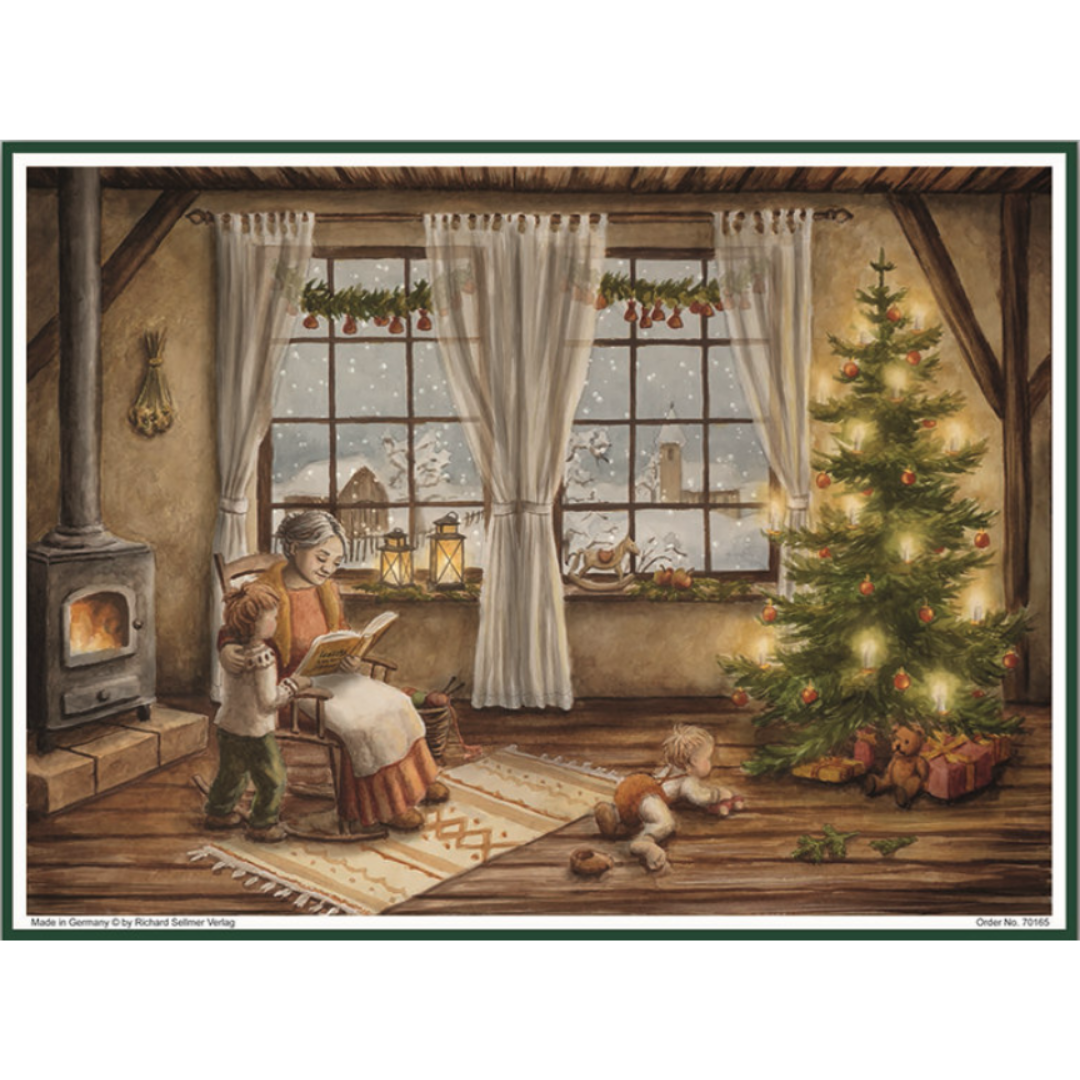 A greeting card with a vintage-style Christmas scene with a woman reading to a child by a fireplace, surrounded by a decorated tree and presents.