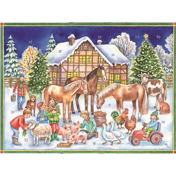 Advent calendar card with a winter scene featuring animals and children around a house.